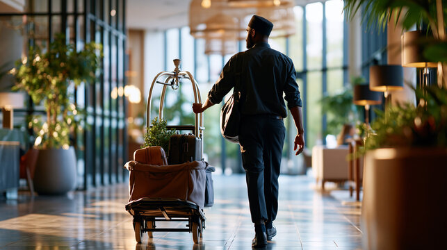 A bellhop silhouette wheels a soft luggage cart through a bright calm hotel lobby in gentle daylight bellhop service faceless silhouette modern facility daylight workspace