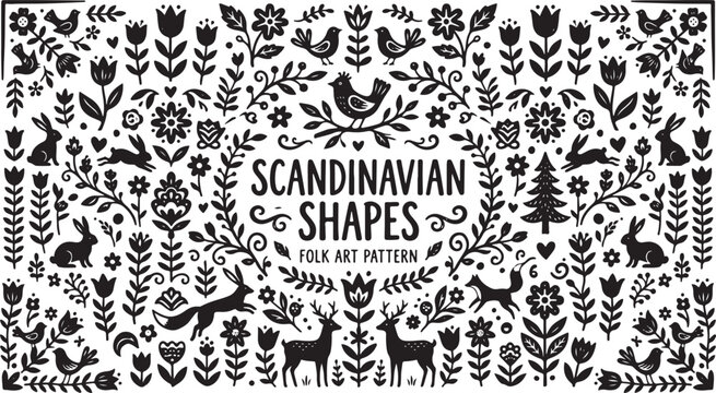 Scandinavian folk art pattern with animals and flowers  traditional Nordic designs  decorative elements