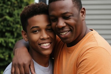 Fototapeta premium African American father hugs smiling teenage son. Man embraces boy showing love and support. Black family bond, positive relationship, happy faces outside.