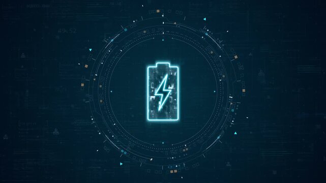 Motion graphic of battery charging technology with glowing energy icon, digital HUD rings, and data interface for clean power, device promotion, and presentation background