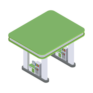 Gas station isometric icon in vector style showing fuel pumps and a green roof design