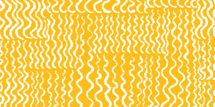 Abstract ramen wave crayon line. Repeat pattern featuring flowing noodle curves on yellow background. Ideal for pasta packaging, italian restaurant menu or food illustration design. Hand drawn print