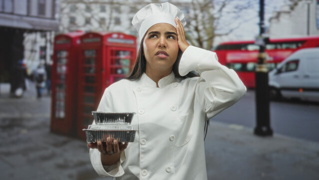 Young hispanic woman chef holding foil takeout containers, hand on head for headache on street; stress delivery shift.