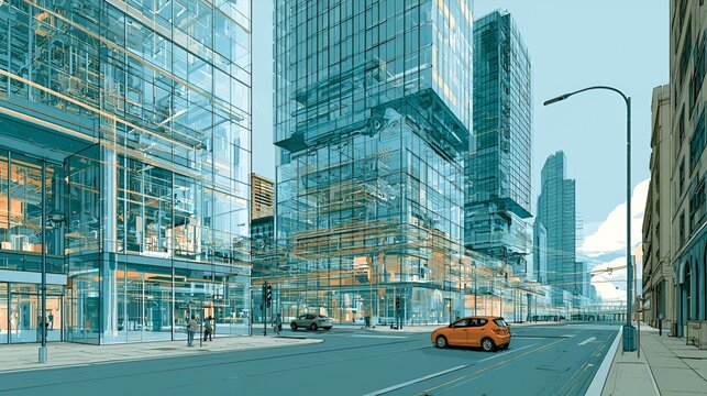 Skyscrapers Glass Buildings Urban City Downtown District Illustration Concept Background