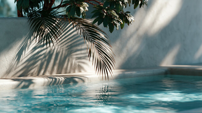 A soft tropical poolside scene glows with a calm plaster wall pool water and gentle palm shadow in bright daylight poolside scene faceless background plaster wall palm