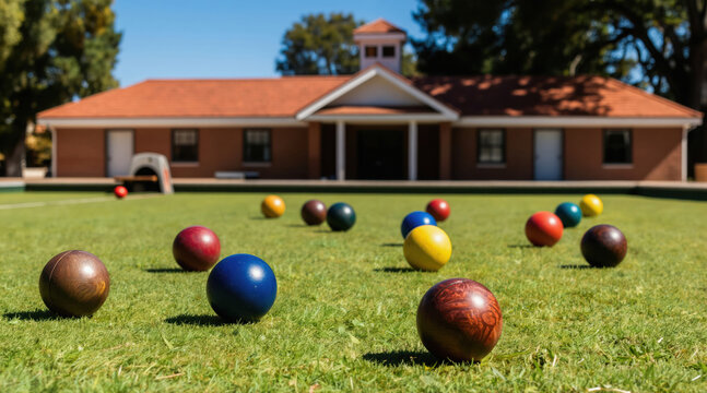 Colorful bocce balls rest on green grass near a clubhouse. Outdoor game equipment is ready for play on a sunny day. Leisure and recreation scene for lawn bowling.