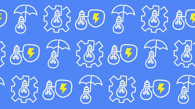 Intellectual property protection pattern with seamless innovation shield, creative umbrella, and gear icons background animation for energy management wallpaper concept. Seamless looping.