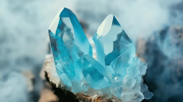 Blue crystal on a wooden table, energy