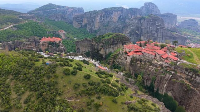 Aerial Video of Great Meteoron Monastery and the Pindus Mountains in Kalabaka, Greece. 
