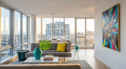 Fototapeta premium A bright modern residential interior during a property viewing with open floor plans, large windows, contemporary furniture, and decor, upscale, structure, building