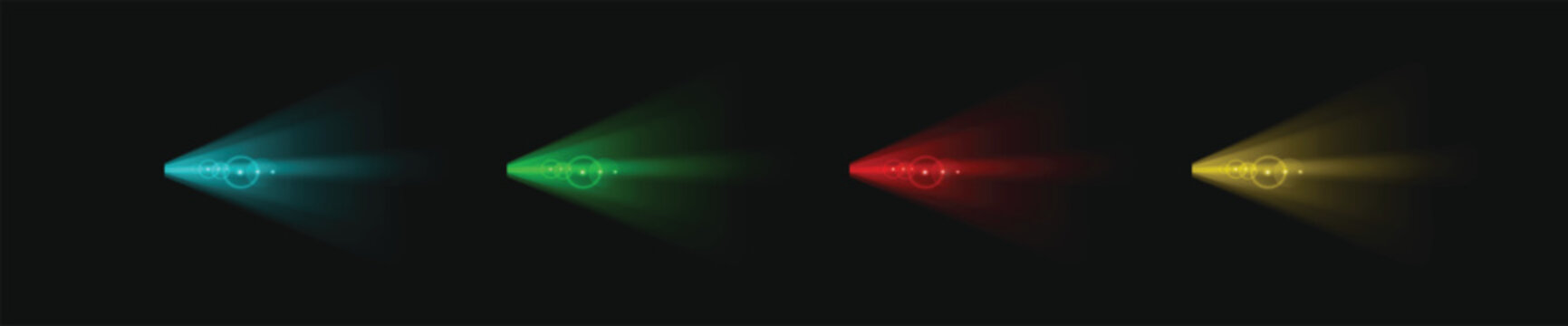 Colorful projector lens flare effect set. Futuristic laser beams with realistic light rays and optical spot illumination. Cyan, green, red, yellow glowing digital light cone collection isolated on dar