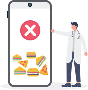 Doctor rejecting fast food choices with crossmark phone screen interface