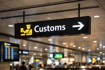 Fototapeta premium Customs Sign at Airport Guiding Travelers Through International Security