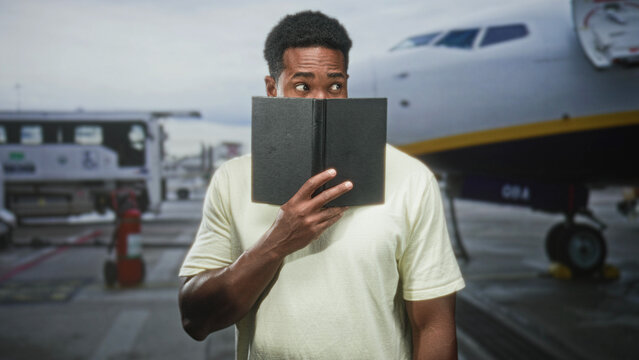Man holds a black notebook to his face, peeking over it with eyes wide beside a parked jet and ground service vehicle at airport; curiosity travel anticipation.