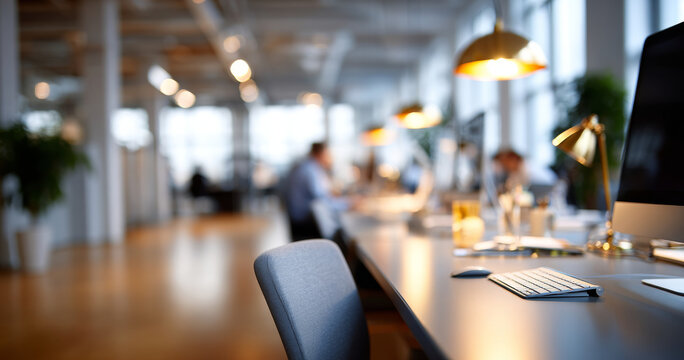 Modern open workspace with empty chair and computer keyboard in foreground, blurred employees working in background