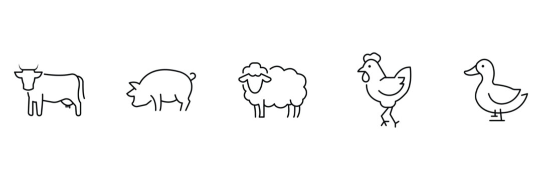 Domestic farm animals line art icon set vector illustration.