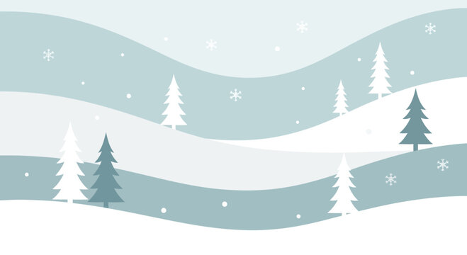 Abstract Winter Landscape with Snowflakes and Pine Trees
