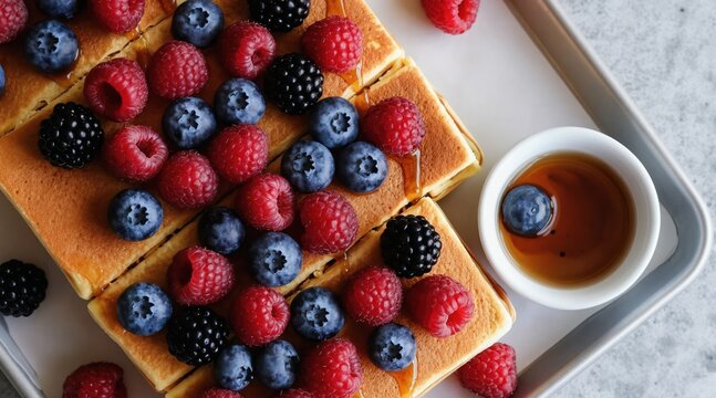 Sheet pan pancakes topped with fresh berries and maple syrup served on a tray. A small bowl holds extra syrup, ready for drizzling. This breakfast treat is perfect for family sharing.