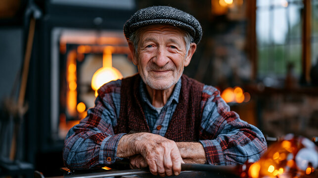 Elderly glassblower at twilight blue hour, molten silica glowing amber inside a Victorian-era furnace, sweat-sheened forearms gripping iron blowpipe, industrial heritage workshop, perfect for artisa