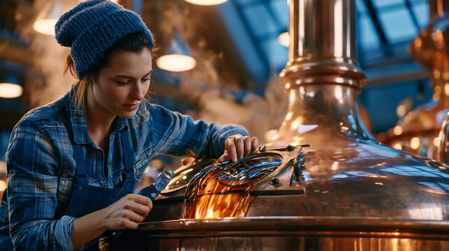 Food factory processing craft beer wort being transferred through sight glasses on a copper brew kettle, steam plumes rising to vaulted industrial ceiling, brewer checking gravity with refractometer