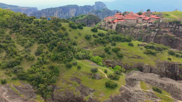 Aerial Video of Great Meteoron Monastery and the Pindus Mountains in Kalabaka, Greece. 