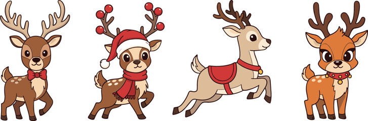 Cute reindeer cartoon vector illustration set with festive accessories, Christmas deer characters with scarves and antlers, holiday animal collection isolated on white background © Mst