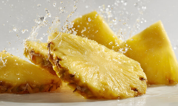 Close-up shot of juicy pineapple slices being splashed with water. The fruit is vibrant yellow against a bright white backdrop
