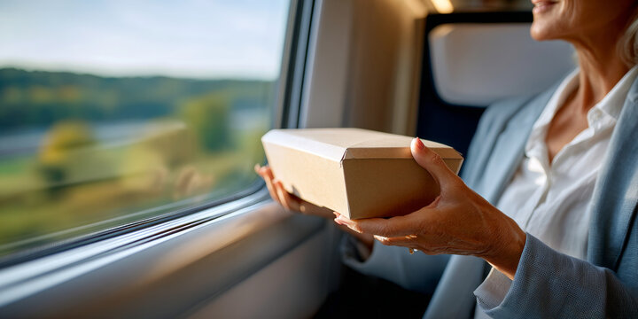 Woman holding a takeaway food box while sitting by the window on a moving train during daytime travel