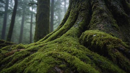 Fototapeta premium Close-up view of moss-covered tree roots in a misty forest, showcasing nature's tranquility and beauty