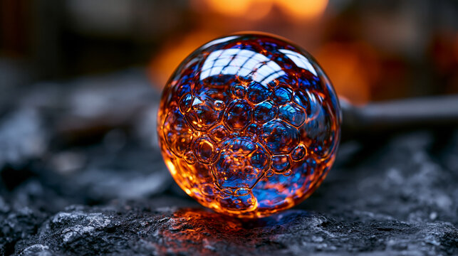 Glass blowing single object detail of a molten gather spinning on a punty rod, fiery threads stretching to form a vase neck, black background isolating the orange mass, ideal for glasswork art, molt