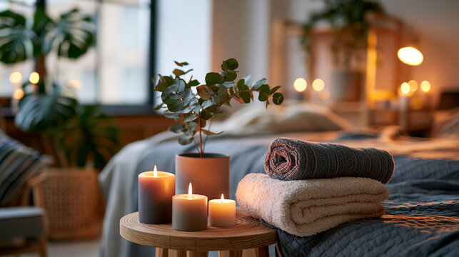 A spa treatment room glows softly with a calm massage bed gentle candles and bright soft towels in soothing light spa room faceless interior modern facility daylight