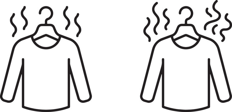 Art & Illustration, Dirty smelly shirt on hanger with bad odor lines outline vector icons for wash
