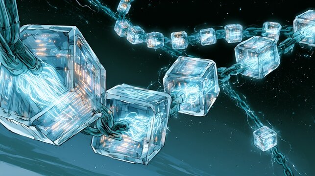 Blockchain Technology Concept Glowing Cubes Chain Network Background Cryptocurrency Digital Ledger Illustration