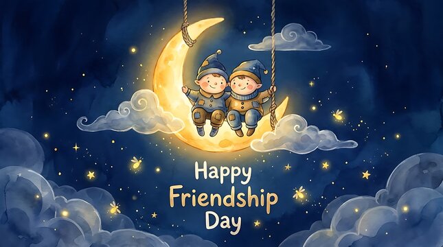 Two cute cartoon elves sitting on a crescent moon at night