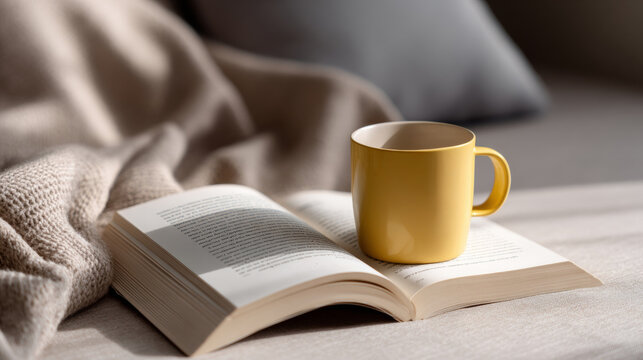 Cozy scene with open book and yellow coffee mug on soft beige blanket and couch in warm natural light