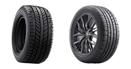 Two car tires stacked isolated PNG on transparent background, new winter automobile tyre tread pattern for vehicle safety and road grip © Design Zone