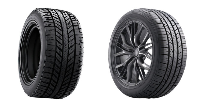 Two car tires stacked isolated PNG on transparent background, new winter automobile tyre tread pattern for vehicle safety and road grip