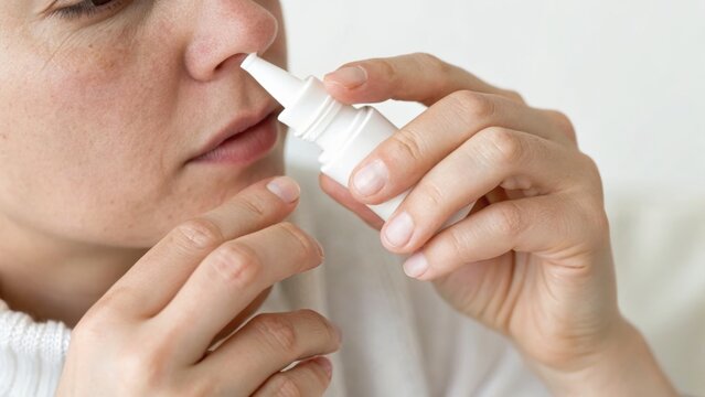 A person is using a nasal spray, holding the bottle close to one nostril while preparing to spray medication for nasal relief.