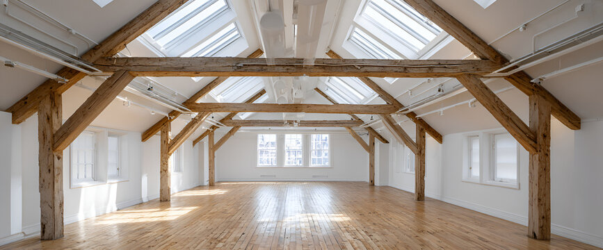 An expansive, empty interior features a gabled ceiling with exposed wooden beams, flooding the space with natural light. The floors are wooden