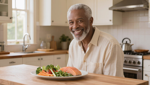 Smiling elderly Black man enjoying healthy salmon vegetable meal in sunlit modern kitchen, authentic senior wellness nutrition lifestyle, editorial healthcare photography with copy space
