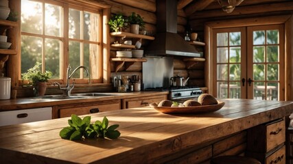 Fototapeta premium Cozy wooden kitchen interior with natural light, featuring a rustic dining area and lush greenery outside
