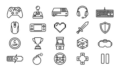 Modern Video Game Line Icons Collection with Gaming Equipment and Arcade Symbols © Hanif