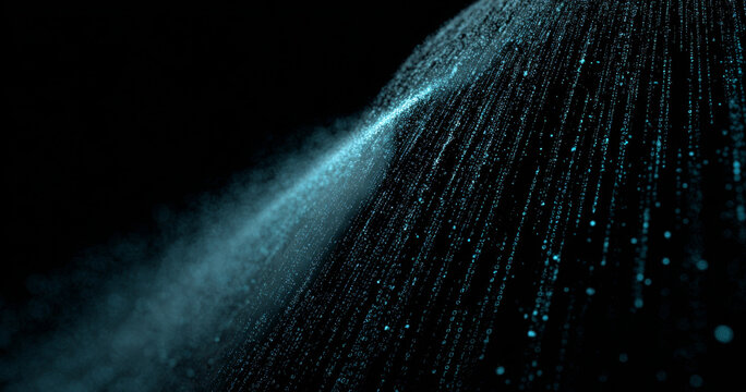 Abstract digital data stream with glowing blue particles flowing diagonally on black background representing technology and information flow