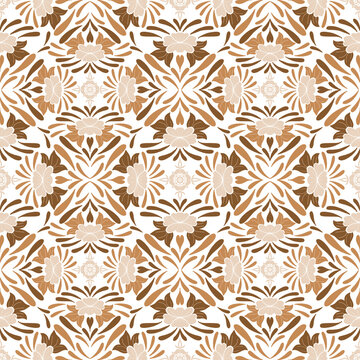 Decorative seamless floral ornament pattern featuring warm caramel and beige tones in a balanced symmetrical arrangement. Designed for rustic interiors, artisan textiles, and elegant decorative collec