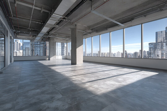 An empty interior with tiled floor, large windows offering city views, and exposed ceiling infrastructure. Sunlight streams in