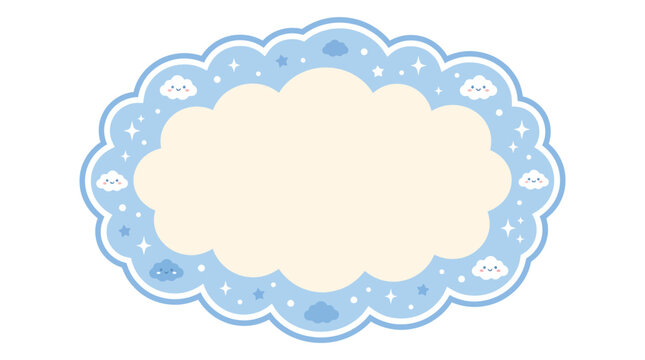 Cute blue cloud shaped frame with smiling clouds and stars Vector, illustration