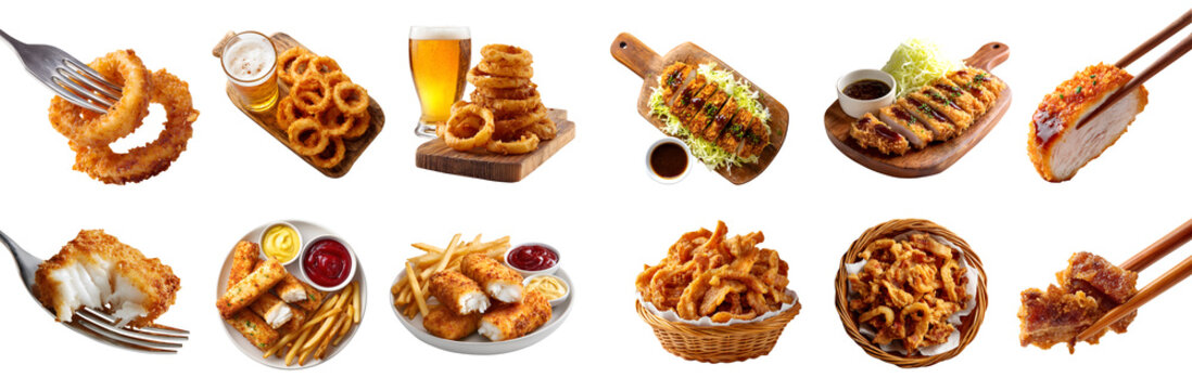 4 golden fried battered food set, onion rings calamari, pork lards crackling scratching rind, fish fingers sticks, pork chicken cutlet tonkatsu katsu, fork chopstick served, transparent cutout PNG
