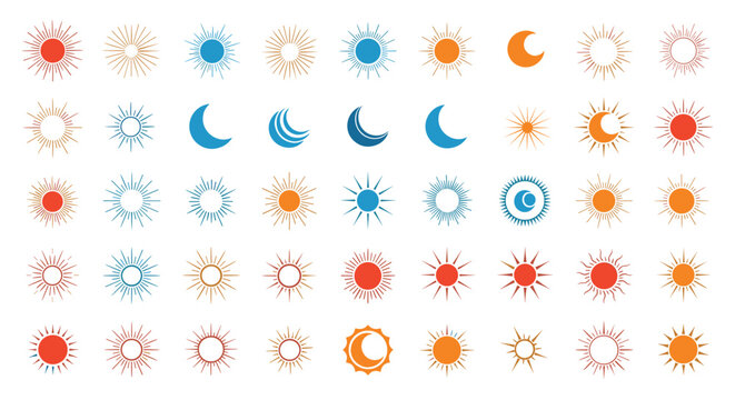 Extensive collection of celestial sun and moon icons in various geometric and artistic styles for astrology or design themes.