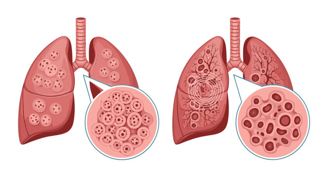 Anatomical illustration of human lungs with detailed zoom views of healthy and diseased air sacs and bronchial tubes.