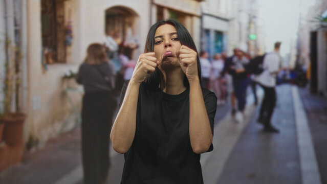 Woman in black tshirt pulls cheeks with clenched fists and pouts, face and hands visible on a narrow street with blurred pedestrians; playful defiance.